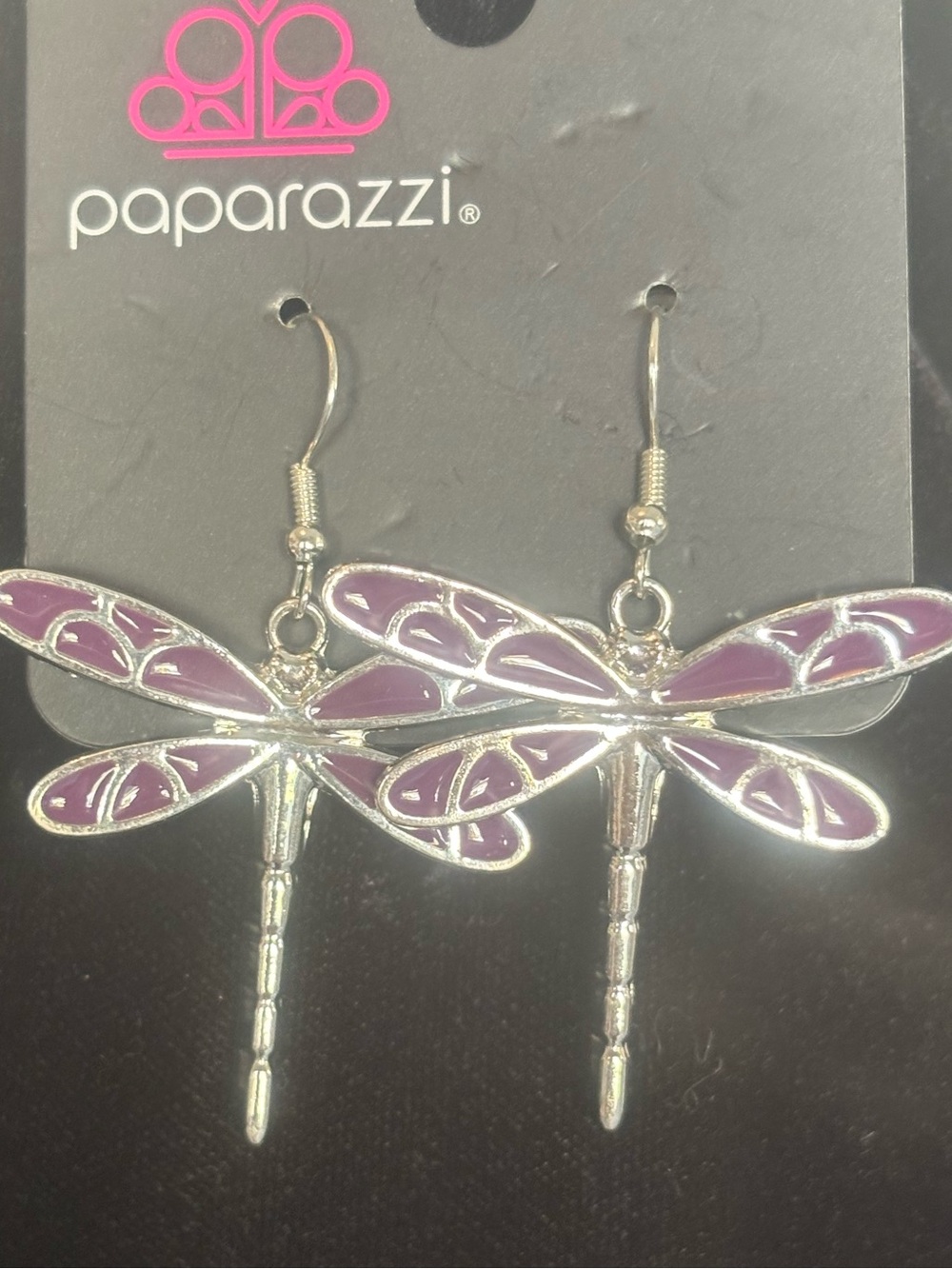 paparazzi Purple Dragonfly Dangle Earrings - Silver Tone